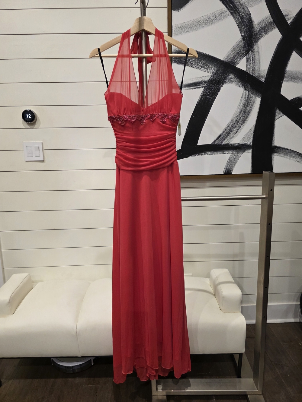 Red Halter Evening Gown with Sheer Bodice